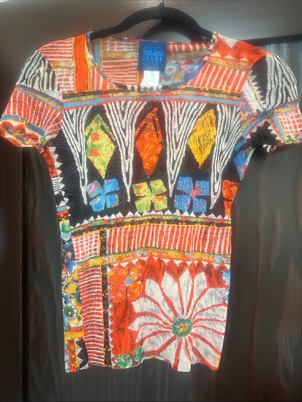 Vintage 90s Kenzo Jeans Mesh Patchwork Print Top - Vibrant Graphic & Floral